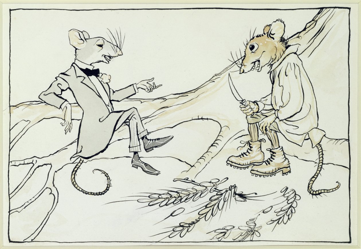 The Town Mouse and the Country Mouse, illustration från Aesops Fables, publicerad 1912 (penna & bläck med wc på papper) av Arthur Rackham