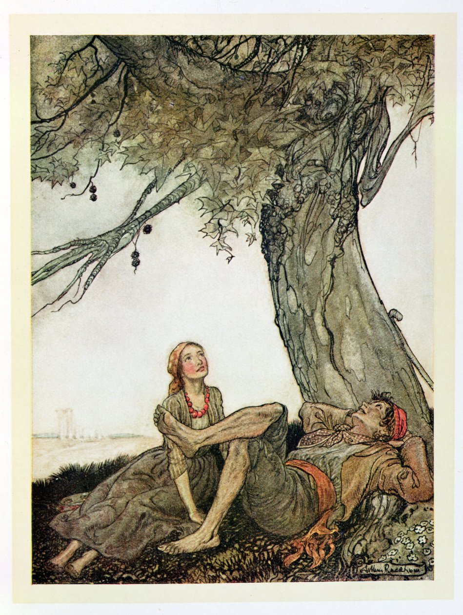 Resenärerna och platanen, illustration från "Aesops fabler", publicerad av Heinemann, 1912 av Arthur Rackham