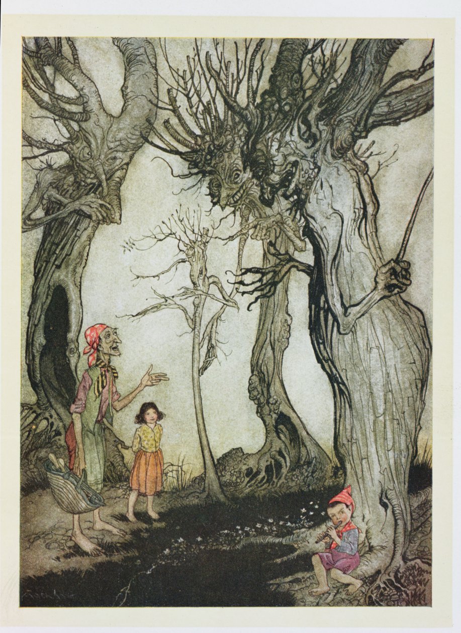 Träden och yxan, illustration från "Aesops fabler", publicerad av Heinemann, 1912 av Arthur Rackham