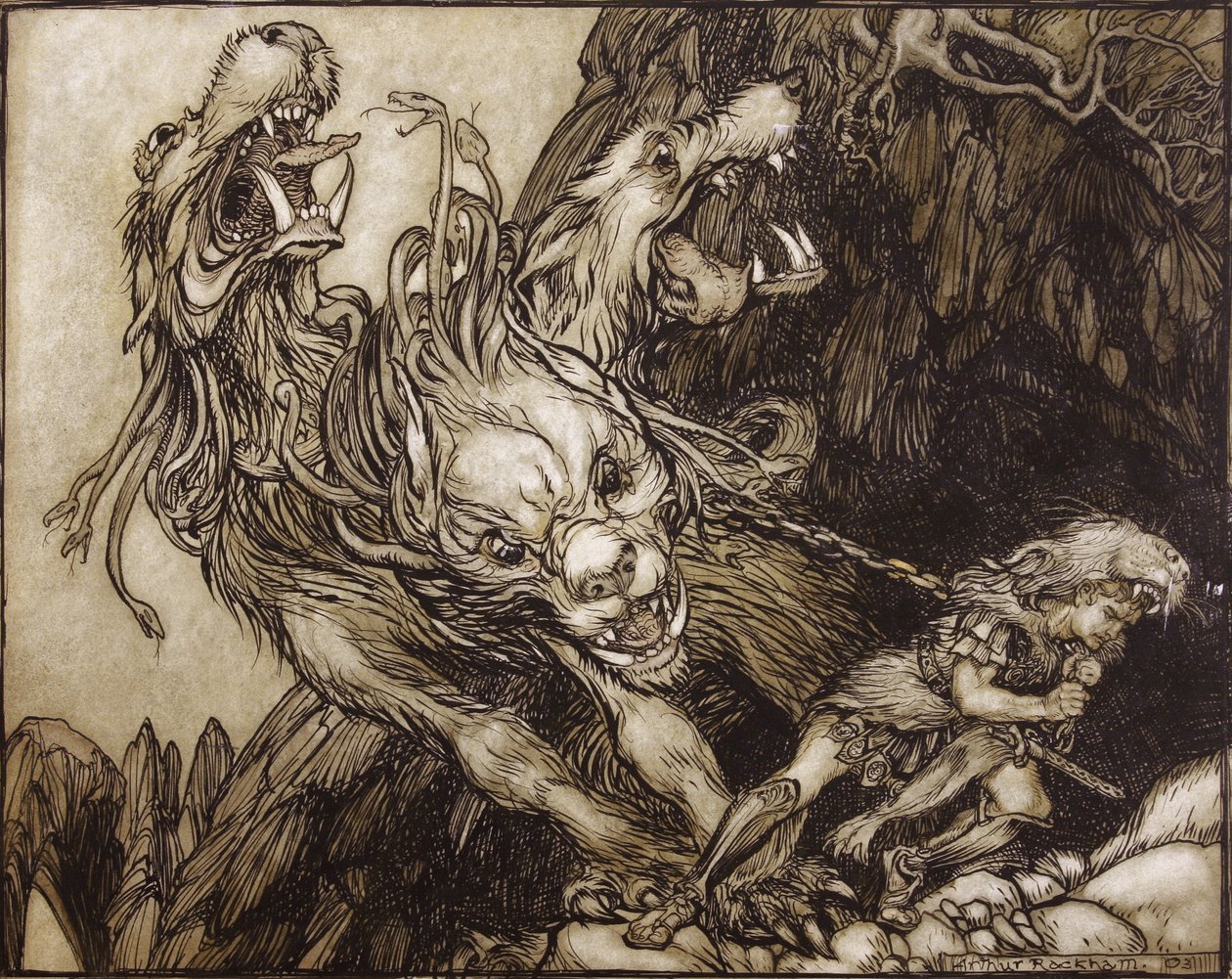 The Twelfth Labour of Hercules, illustration från The Greek Heroes av B.G. Niebuhr, 1903 (penna & bläck och wc på papper) av Arthur Rackham