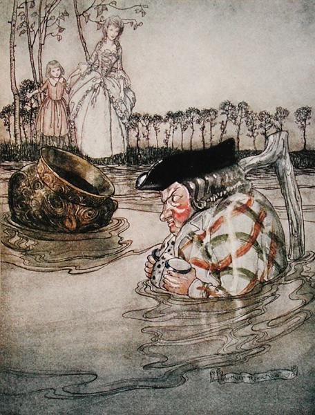De två krukorna, illustration från "Aesops fabler", utgiven av Heinemann av Arthur Rackham