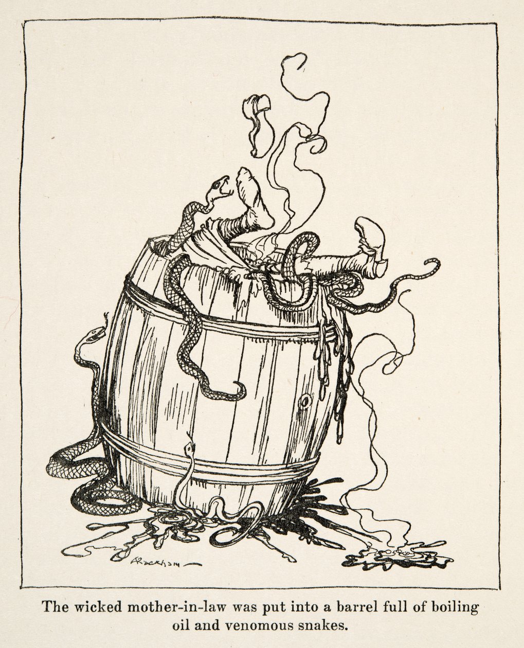 Den onda svärmor lades i en tunna full av kokande olja och giftiga ormar, från Little Brother & Little Sister and Other Tales av bröderna Grimm, pub.1917 (litho) av Arthur Rackham