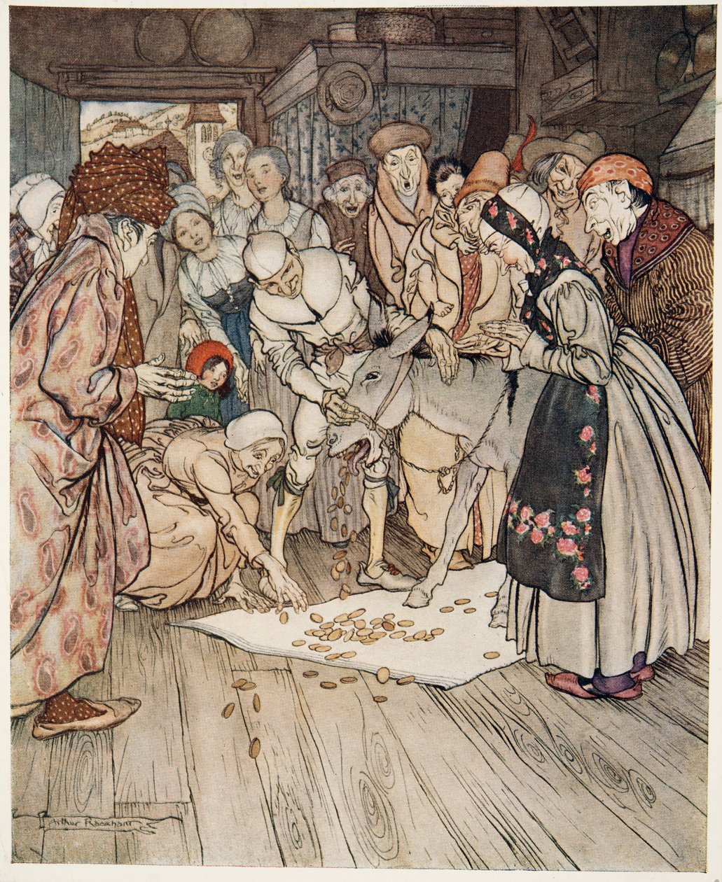 Önskebordet, gudarslan och gossen i säcken, från Lillebror & Lillasyster och andra sagor av bröderna Grimm, pub.1917 av Arthur Rackham