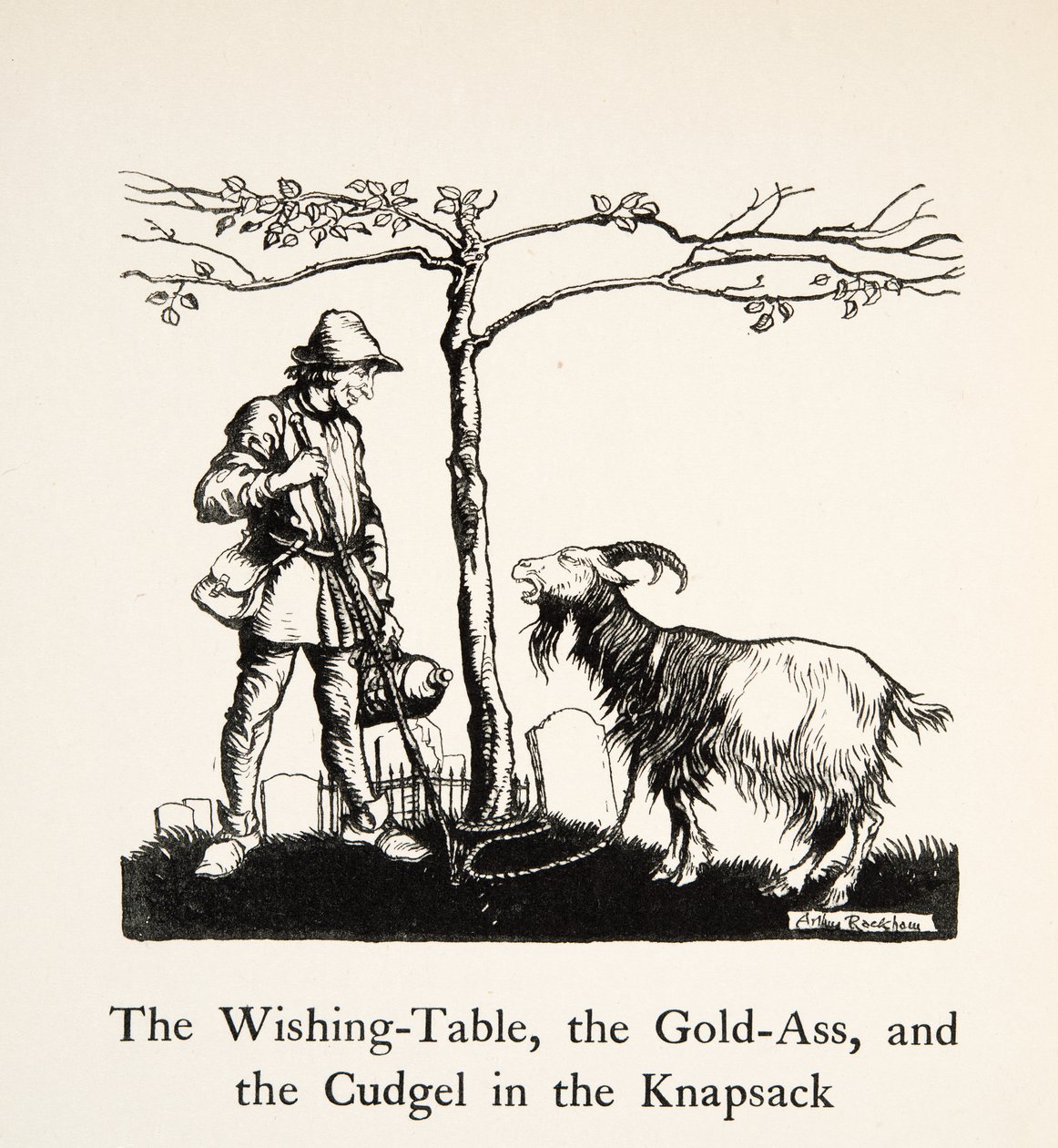 Önskebordet, guldröven och gossen i ryggsäcken, från Little Brother & Little Sister and Other Tales av bröderna Grimm, pub.1917 (litho) av Arthur Rackham