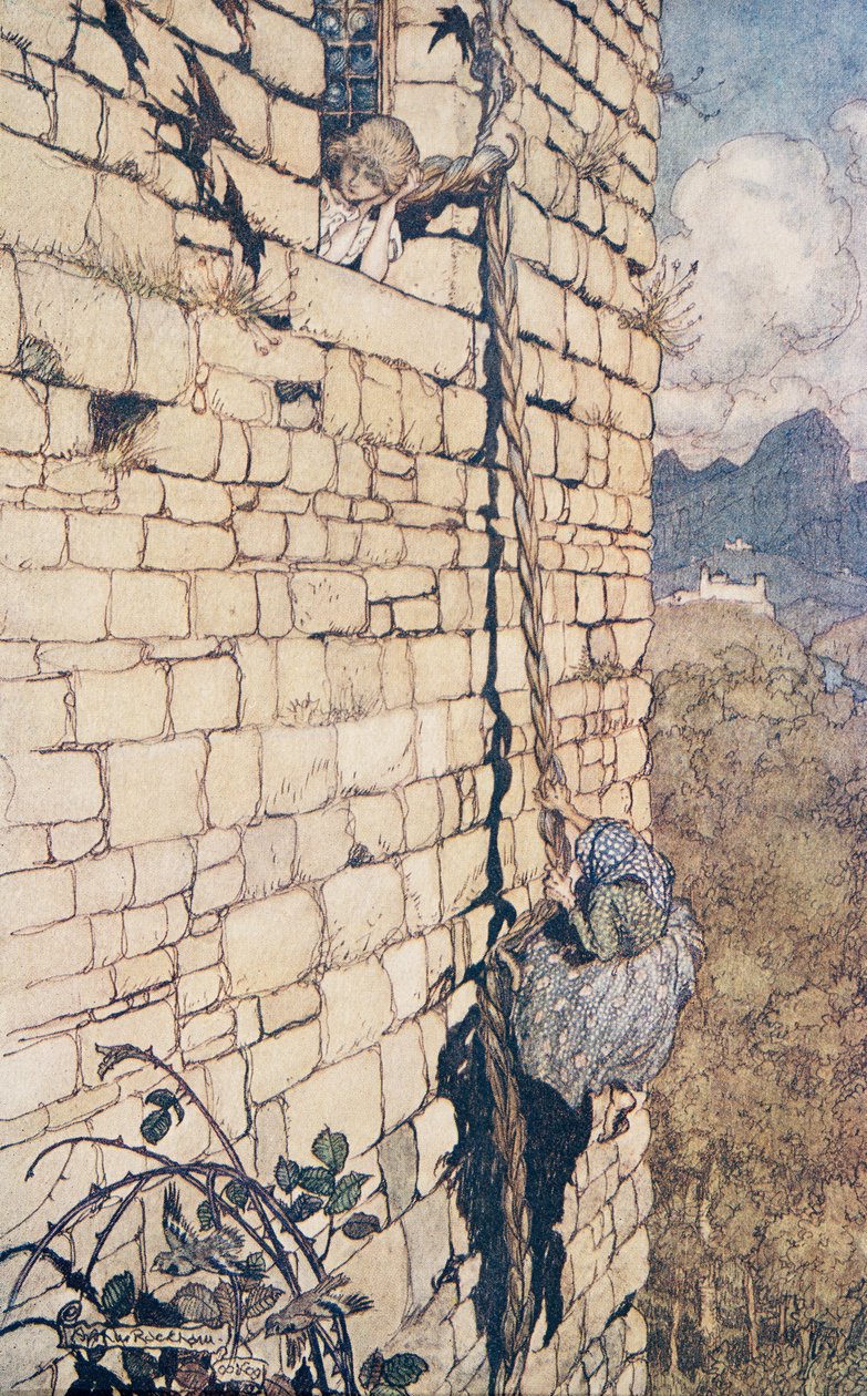 Häxan klättrade upp .. , från The Fairy Tales of the Brothers Grimm, pub. 1909 av Arthur Rackham