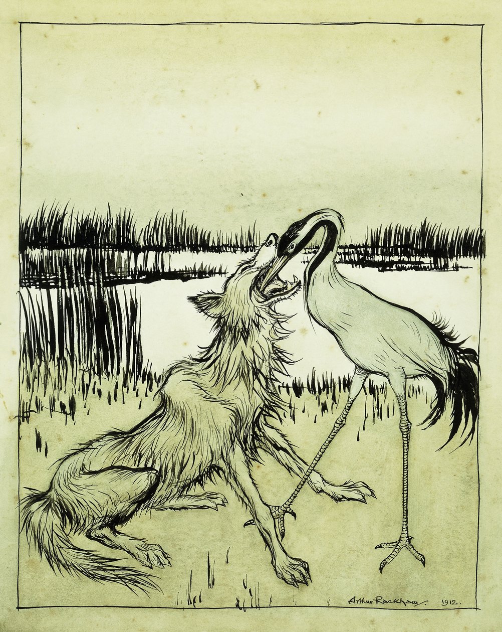 Vargen och tranan - Aesops Fables, 1912 av Arthur Rackham