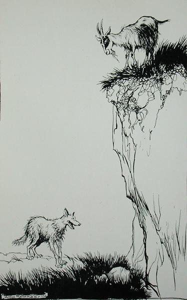 Vargen och geten, illustration från "Aesops fabler", utgiven av Heinemann av Arthur Rackham