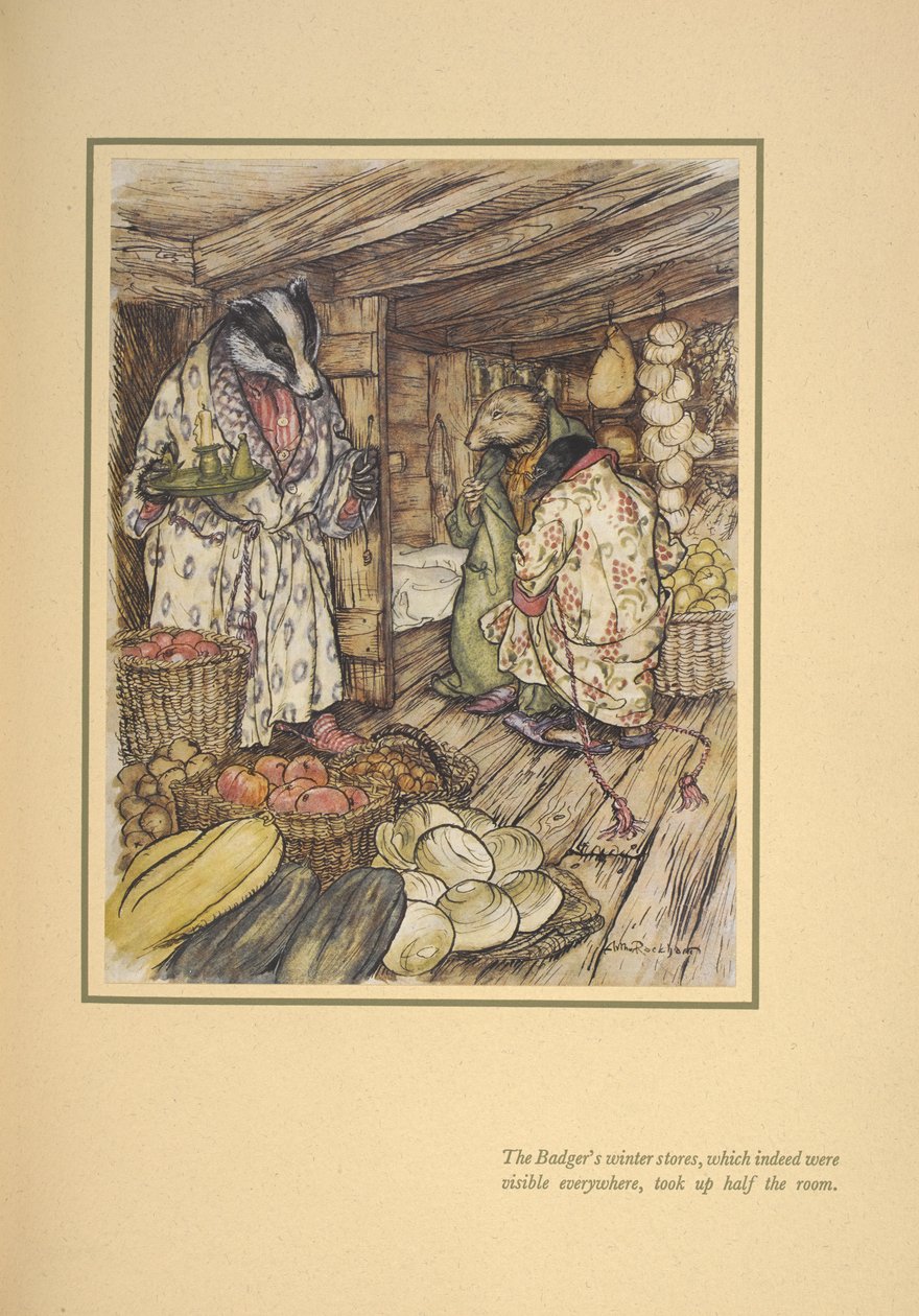 Grävlingens vinterförråd, som verkligen var synliga överallt, tog upp halva rummet”. av Arthur Rackham