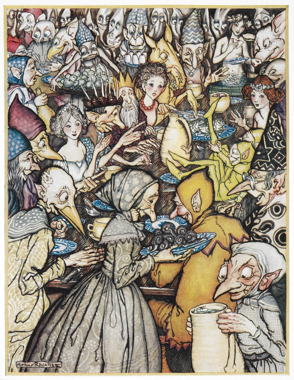 "Banketten där det riktigt stora företaget samlades". Elfin King, klädd i en gyllene krona, hans döttrar och nissar och troll samlades för en måltid. Illustration för 