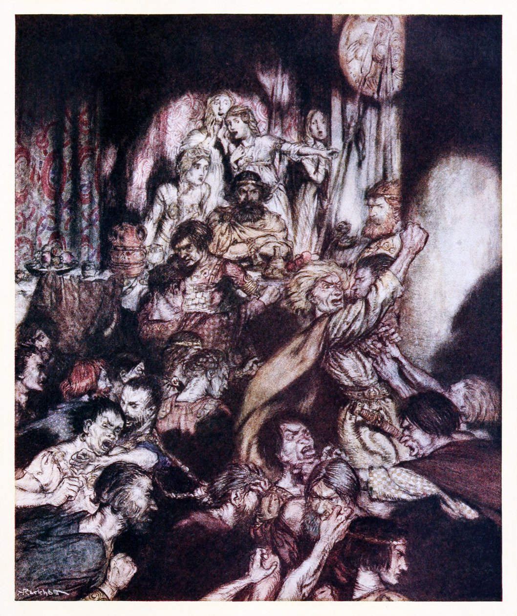 Festsalen var i tumult. från The Little Brawl in Irish Fairy Tales av Arthur Rackham