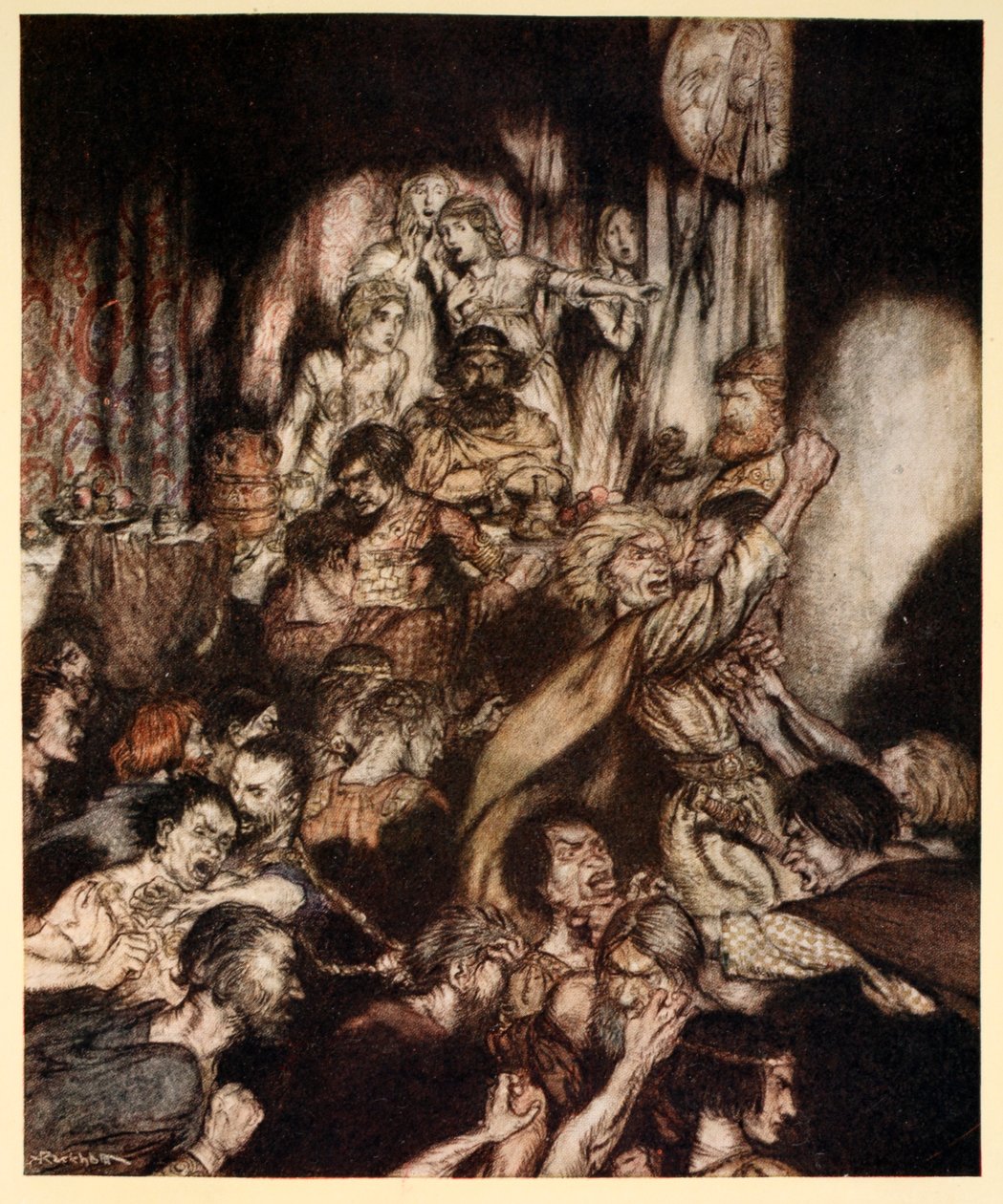 Bankettsalen var i tumult, illustration från "Irish Fairy Tales" av James Stephens av Arthur Rackham