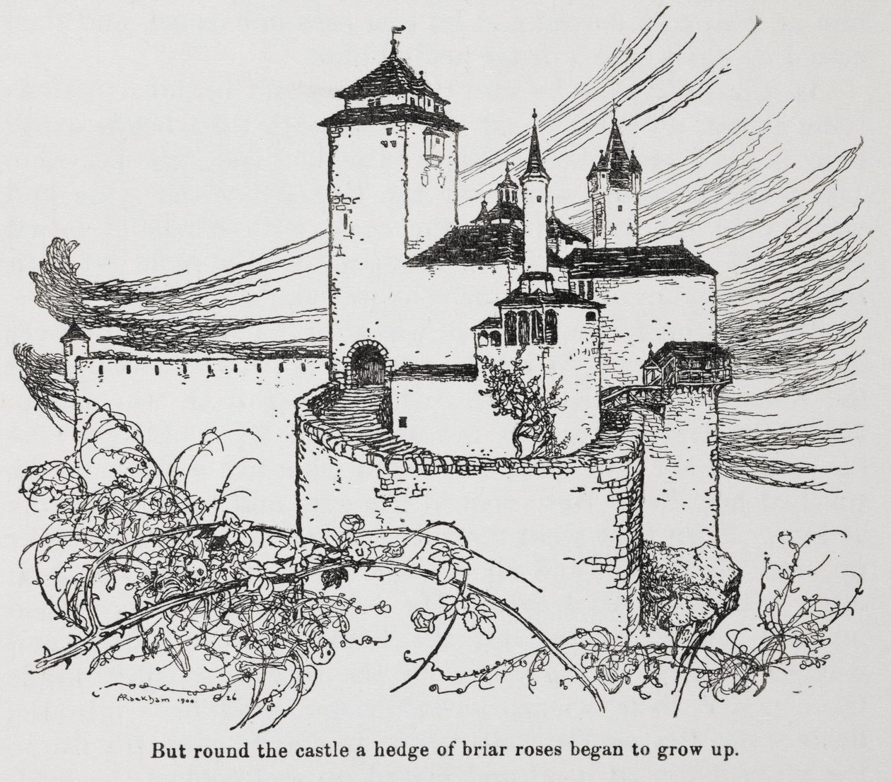 Slottet omgivet av törnen från Briar Rose (Törnrosa) av Arthur Rackham