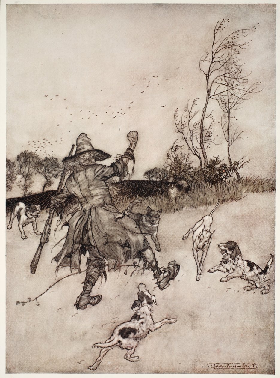 Även hundarna, som han inte kände igen för en gammal bekant, skällde åt honom när han passerade., från Rip Van Winkle vid Washington Irving, pub. 1910 av Arthur Rackham