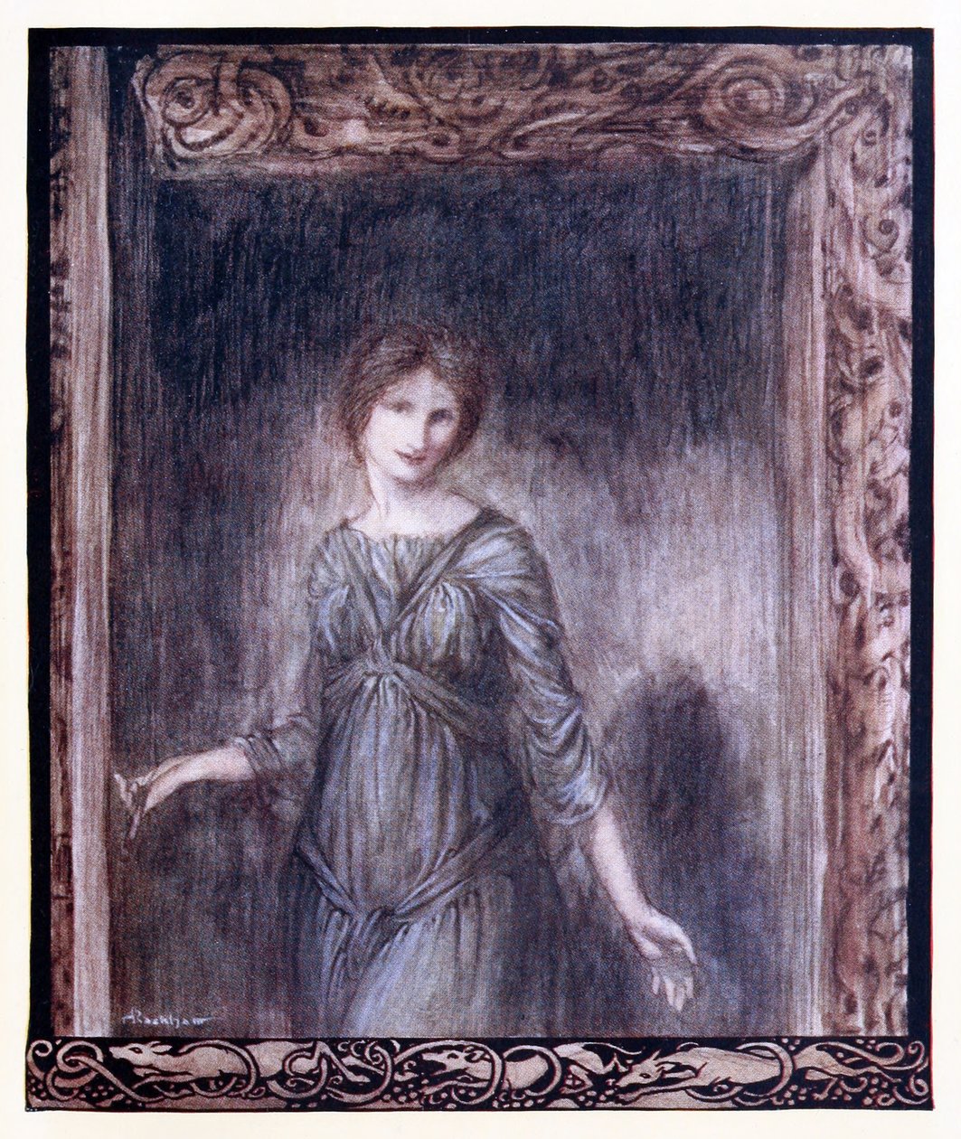 Dörren till Fionns kammare öppnades försiktigt och en ung kvinna kom in i rummet. från "Oisins mamma" i "Irländska sagor" av Arthur Rackham
