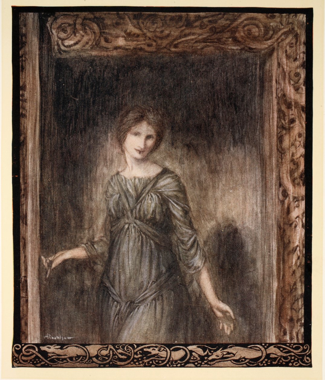 Dörren till Fionns kammare öppnades försiktigt och en ung kvinna kom in i rummet, illustration från "Irish Fairy Tales" av James Stephens, 1920 av Arthur Rackham