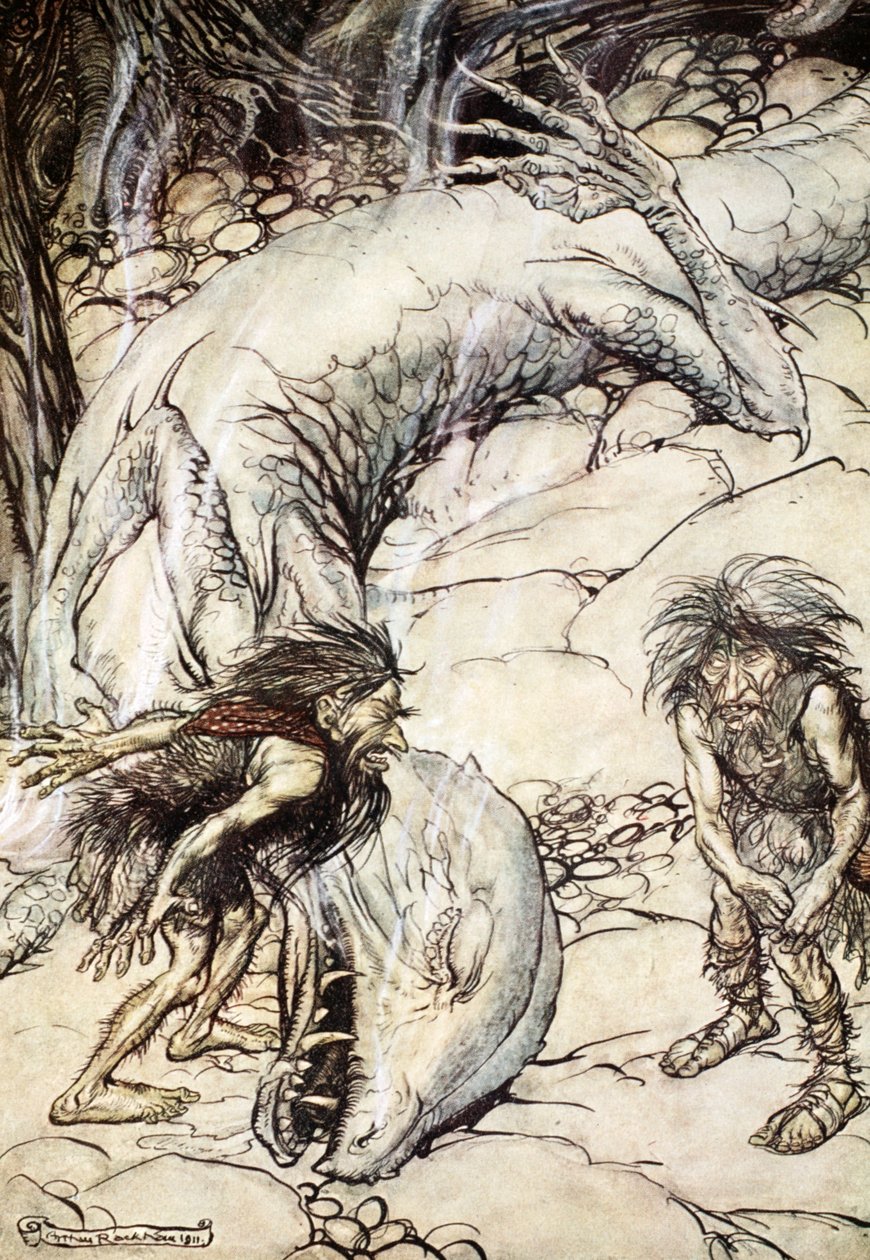 "Dvärgarna grälar om Fafners kropp", 1924. av Arthur Rackham