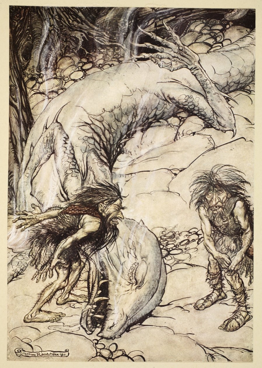 Dvärgarna grälar om Fafners kropp, illustration från "Siegfried and the Twilight of the Gods", 1924 av Arthur Rackham