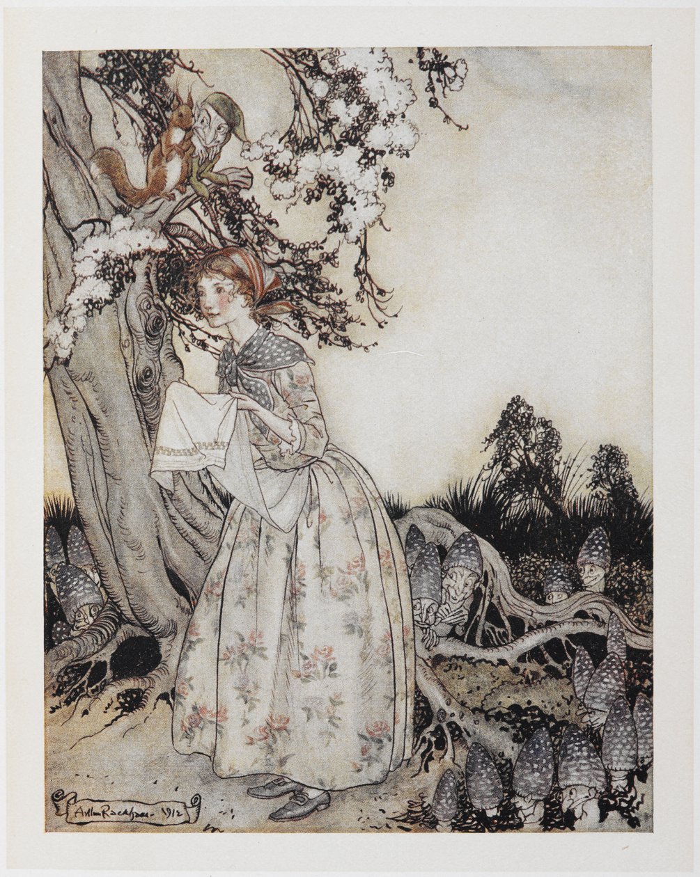 Den sköna pigan som den första maj går till fälten vid brytningen av dagen. av Arthur Rackham