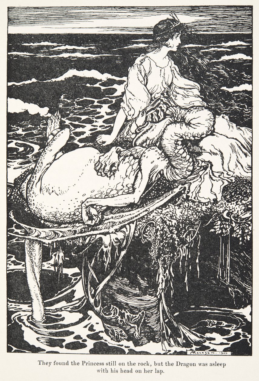 Hon hittade prinsessan fortfarande på klippan, men draken sov med huvudet i hennes knä, från The Fairy Tales of the Brothers Grimm, pub. 1909 av Arthur Rackham