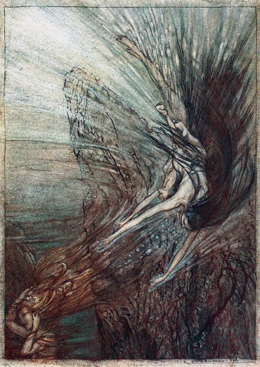 Rhinmaidens upptåg. Illustration till Rhinegold och Valkyrien av Richard Wagner, av Arthur Rackham