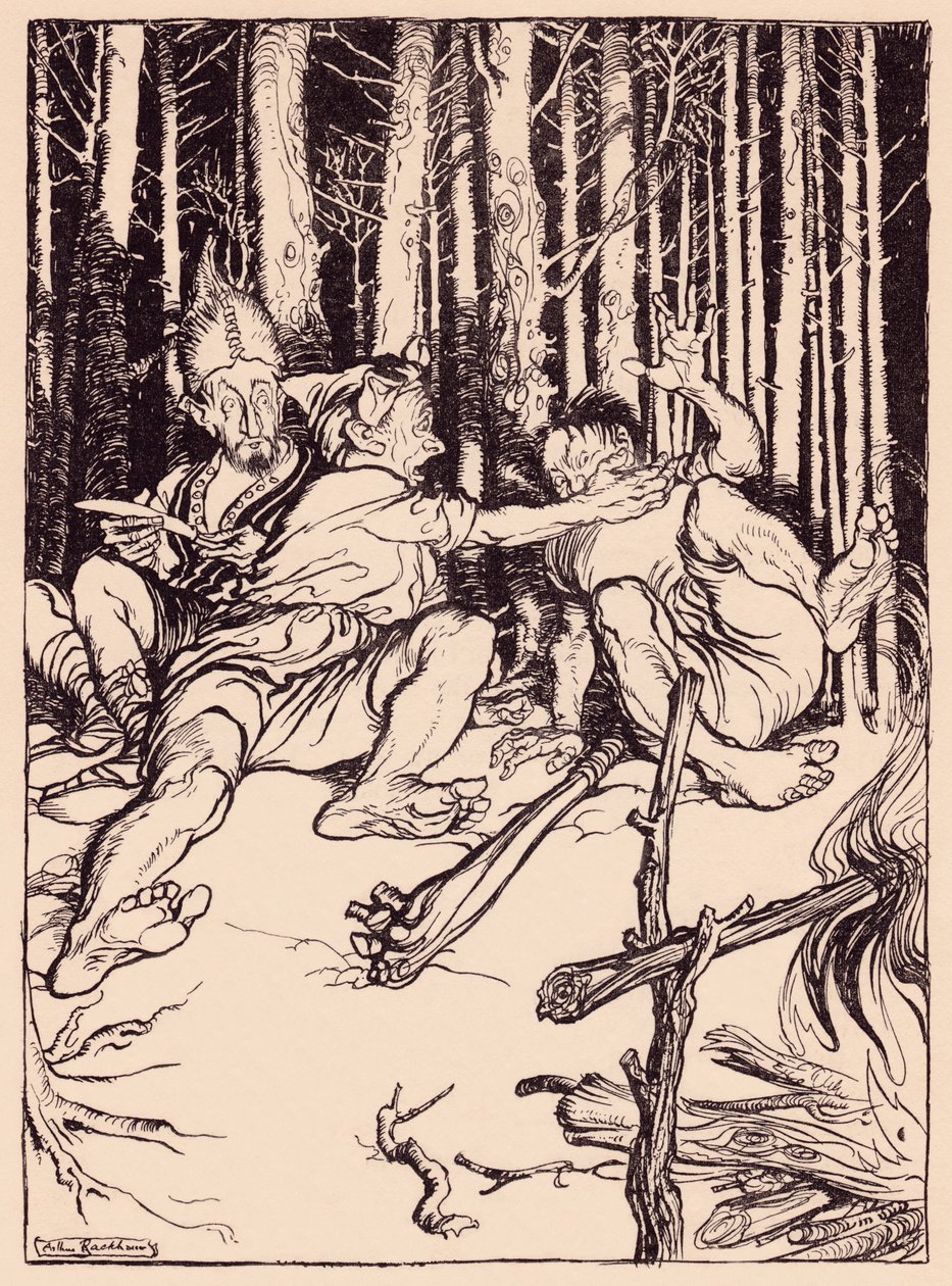 Jätten gav den som satt bredvid honom en låda på örat. Illustration av Arthur Rackham från Grimm