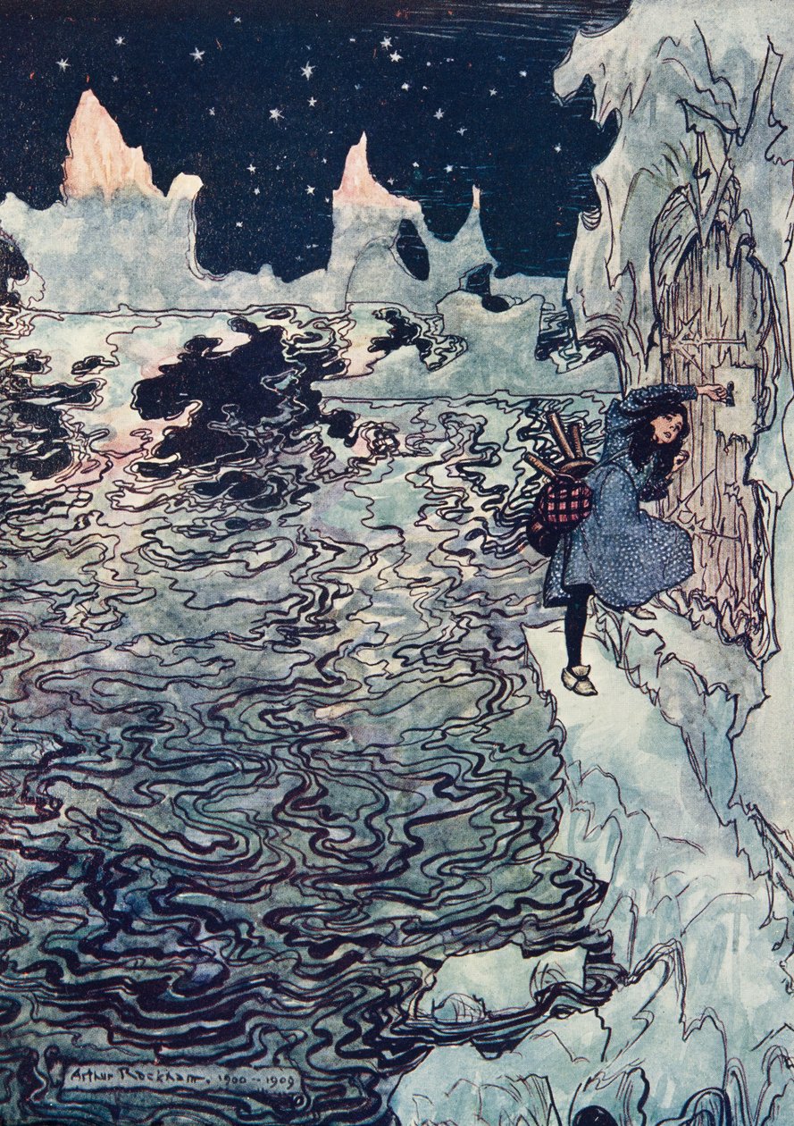 Den goda lillasystern skar av sitt eget lilla finger, passade in det i låset och lyckades öppna det från Bröderna Grimms sagor, pub. 1909 av Arthur Rackham