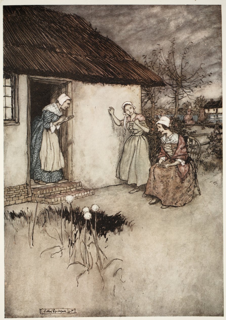 De goda fruarna i byn misslyckades aldrig, i sina kvällsskvaller att lägga all skuld på Dame Van Winkle, från Rip Van Winkle av Washington Irving, pub. 1910 av Arthur Rackham