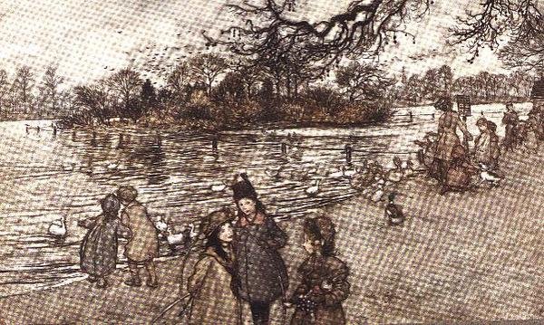 Ön där alla fåglarna är födda från Peter Pan i Kensington Gardens av J.M. Barrie, 1906 av Arthur Rackham