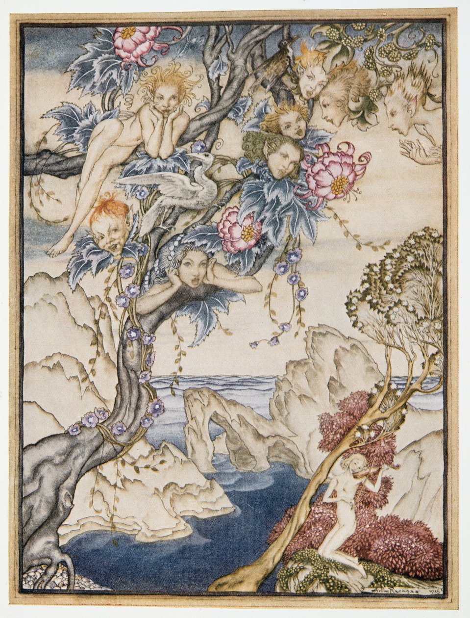 Ön är full av ljud, ljud och söta luftar, som ger glädje och inte gör ont, illustration från William Shakespeares The Tempest, pub. 1926 av Arthur Rackham