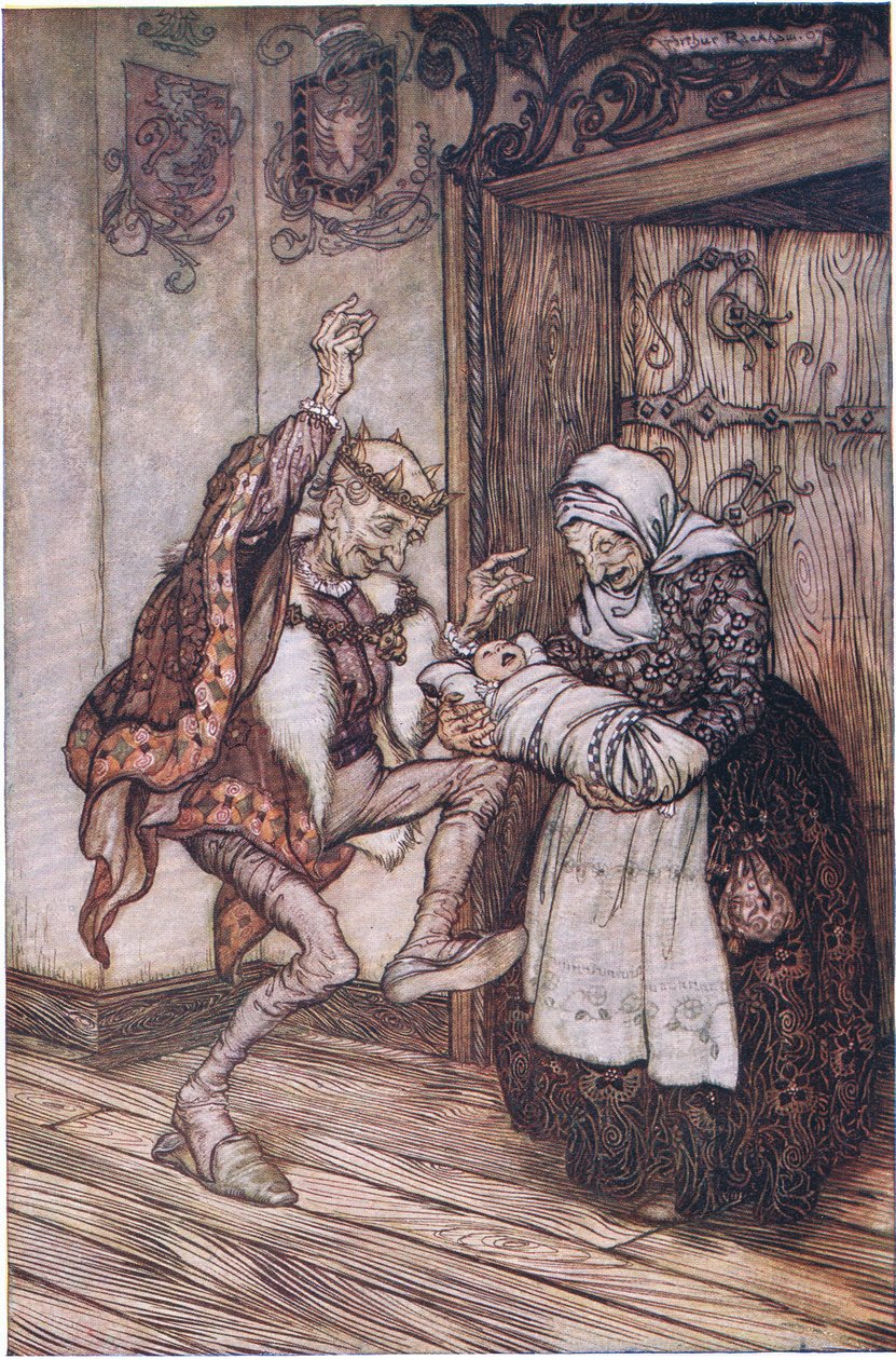 Kungen kunde inte hålla sig av glädje (färg litho) av Arthur Rackham