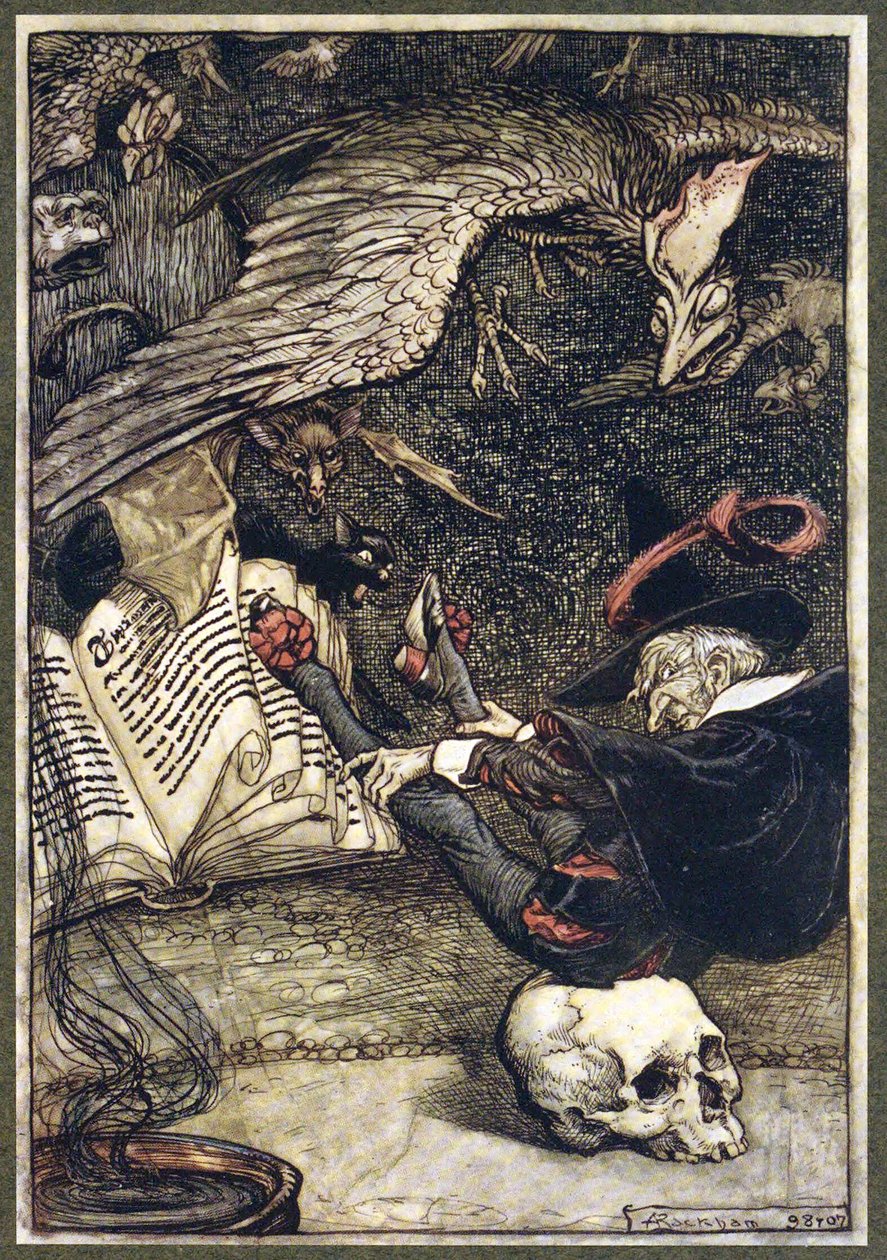 Den lille mannen hade satt sig i mitten av cirkeln på den stora skallen, från The Ingoldsby Legends, pub. 1907 av Arthur Rackham