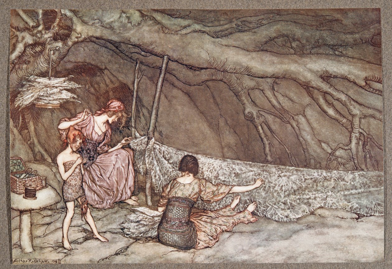 De små människorna väver sina sommargardiner av skelettblad .. , från Peter Pan i Kensington Gardens av J M Barrie (1860 - 1937), pub. 1906 av Arthur Rackham