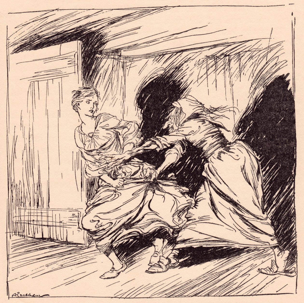 Den gamla grep henne i klänningen och försökte hålla henne fast. Illustration av Arthur Rackham från Grimm