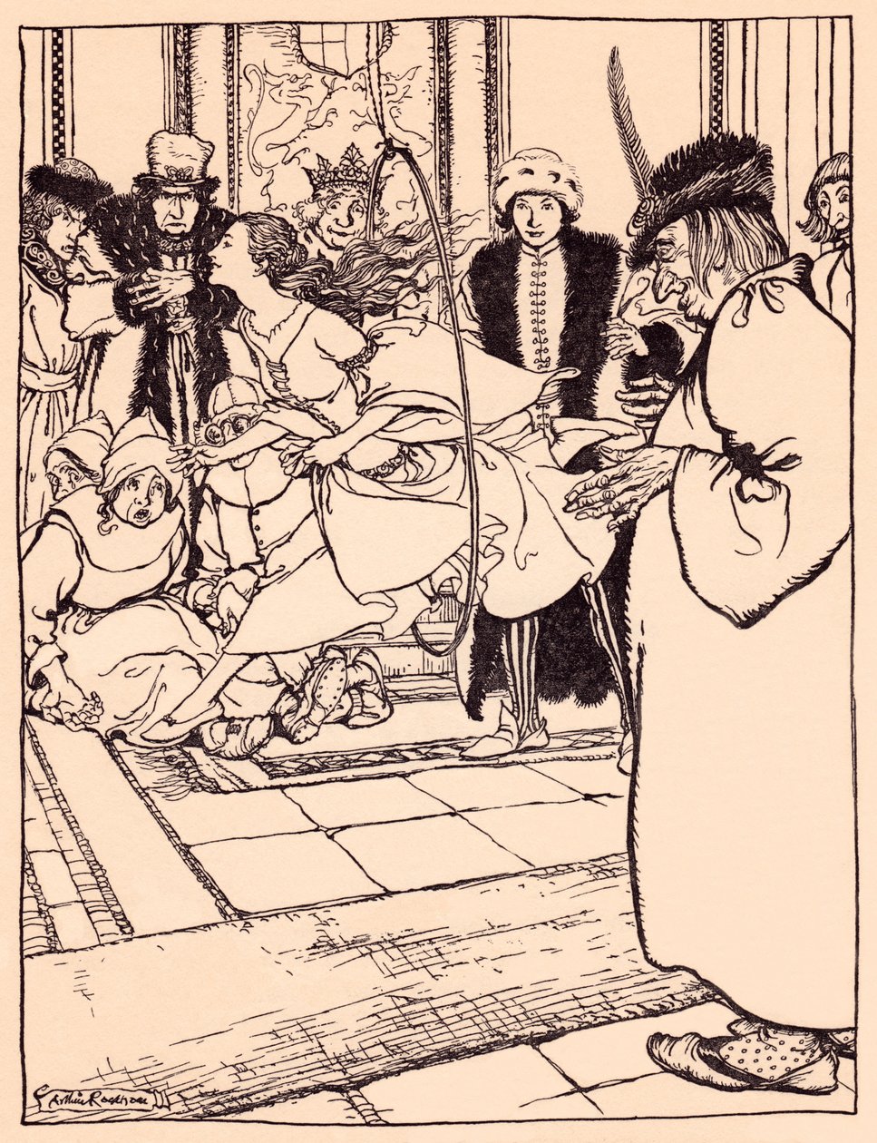 Den vackra jungfrun hoppade genom bågen lika lätt som ett rådjur. Illustration av Arthur Rackham från Grimms saga, De tre fjädrarna. av Arthur Rackham