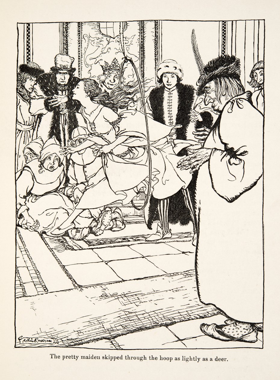 Den vackra jungfrun hoppade genom bågen lika lätt som ett rådjur, från Little Brother & Little Sister and Other Tales av bröderna Grimm, pub.1917 (litho) av Arthur Rackham