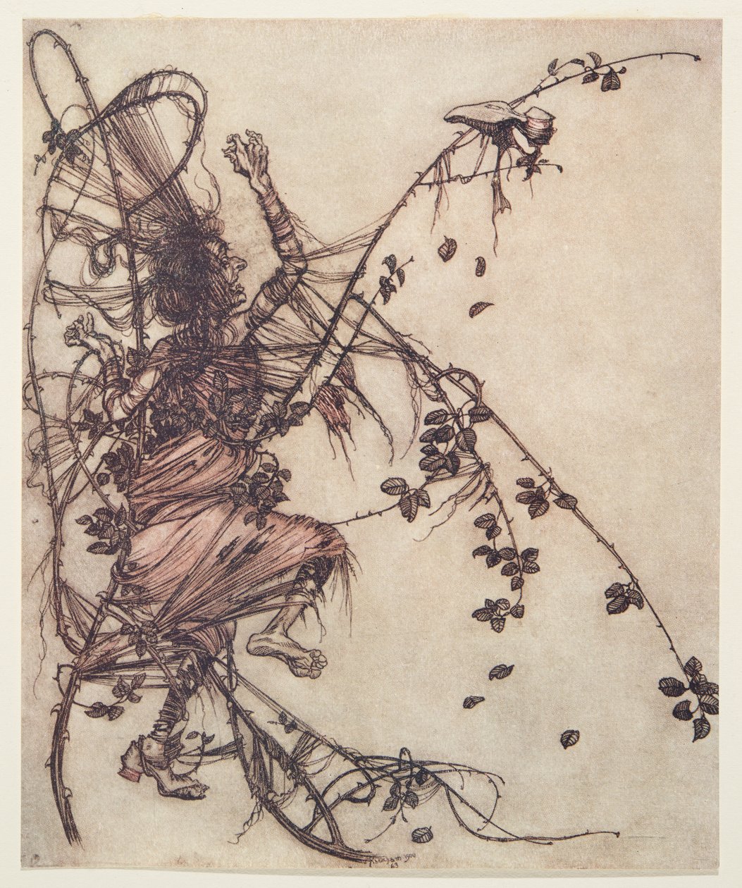 Ju snabbare han spelade, desto högre fick hon hoppa från Bröderna Grimms sagor, pub. 1909 av Arthur Rackham