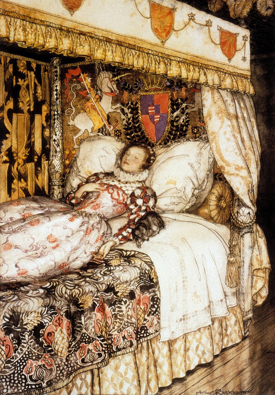 Den sovande prinsessan, illustration av Arthur Rackham för berättelse av Charles Perrault "Sleeping Beauty" av Arthur Rackham