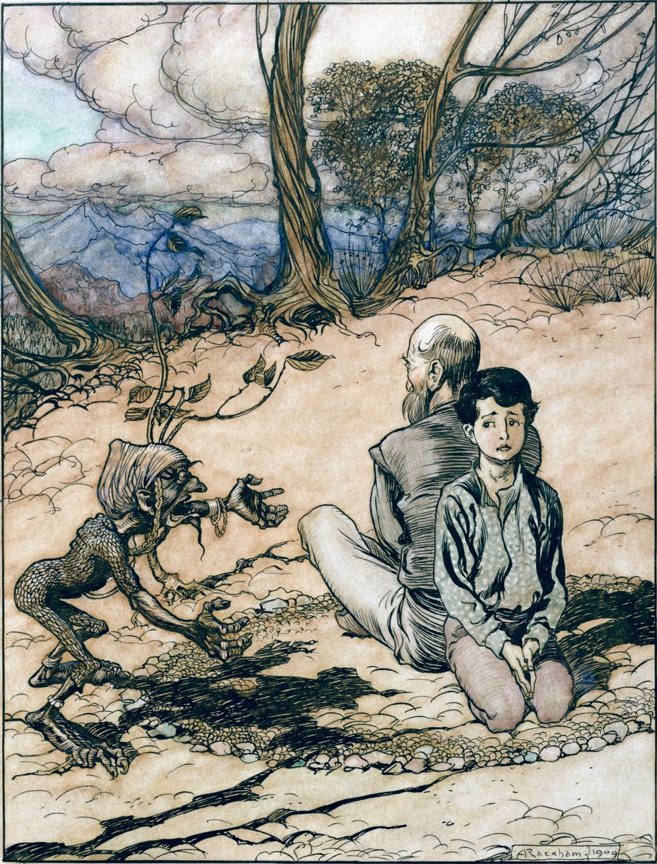 Sonen skapade en cirkel, och hans far och han tog plats i den, och den lilla svarta mannekan dök upp, illustration från Kungen av det gyllene berget i Sagorna om bröderna Grimm, av Arthur Rackham