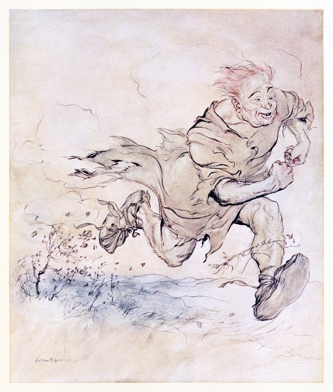 Dunkandet av hans stora stövlar växte lika ständigt som klappandet av hagel på ett tak, och vinden från hans gång blåste ner träden. från The Carl of the Drab Coat i Irish Fairy Tales av Arthur Rackham
