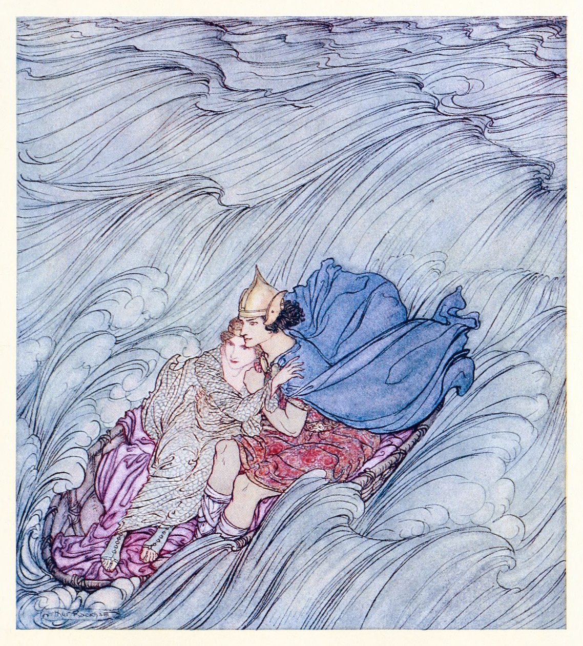 Vågorna från alla världar verkade virvla förbi dem i en enorm grön matta från Becuma of the White Skin in Irish Fairy Tales av Arthur Rackham