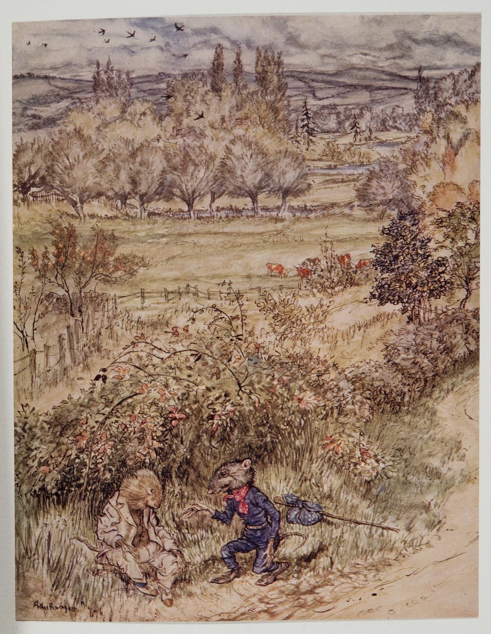 Vägfararen hälsade med en artighetsgest som hade något främmande över sig, från Wind in the Willows av Kenneth Grahame (1859 - 1932), pub. 1940 av Arthur Rackham