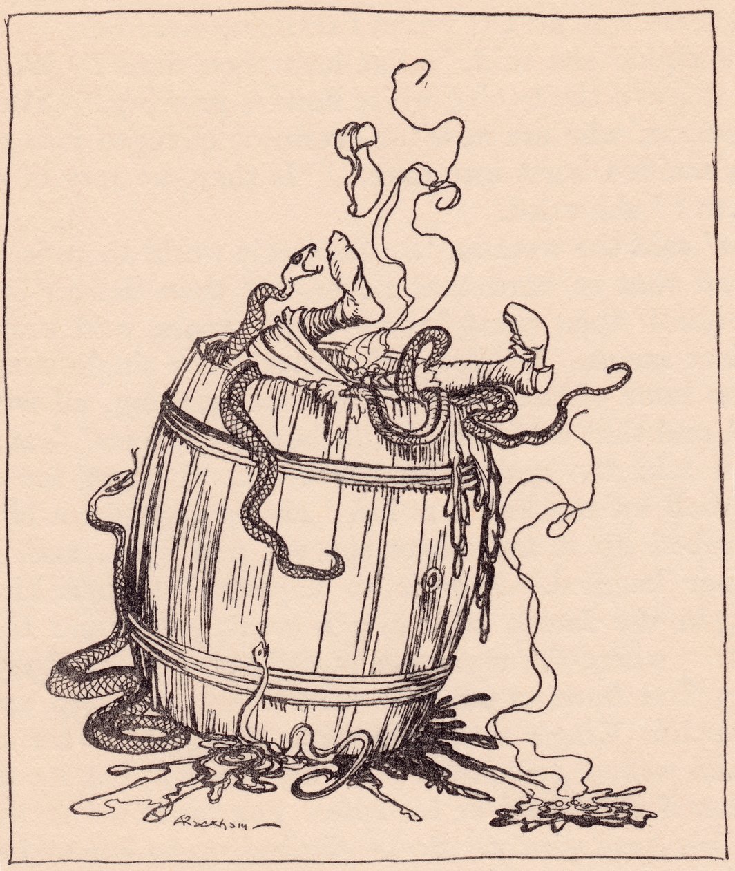 Den onda svärmor lades i en tunna full av kokande olja och giftiga ormar. Illustration av Arthur Rackham från Grimms saga, De tolv bröderna, publicerad i slutet av 1800-talet. av Arthur Rackham
