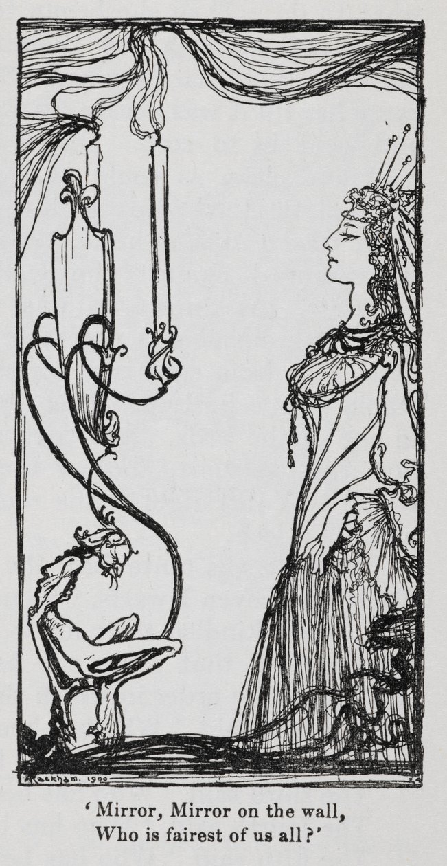 Den onda drottningen tittar på sig själv i spegeln från Snowdrop (Snövit) av Arthur Rackham