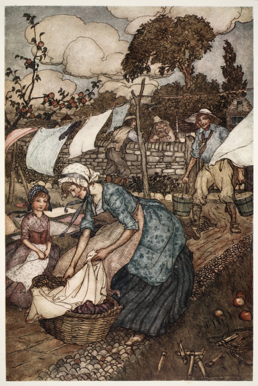 Kvinnorna i byn brukade anställa honom för att göra så små udda jobb som deras mindre tillmötesgående män inte skulle göra åt dem., från Rip Van Winkle av Washington Irving, pub. 1910 av Arthur Rackham