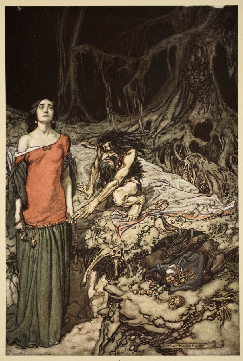Uppvaktningen av Grimhilde, Hagens mor, från "Siegfried och gudarnas skymning", 1910 av Arthur Rackham