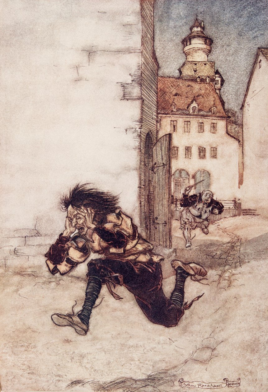 Sedan sprang han efter honom, fortfarande med sniderkniven, och grät Bara en, bara en! från Sagorna om bröderna Grimm, pub. 1909 av Arthur Rackham