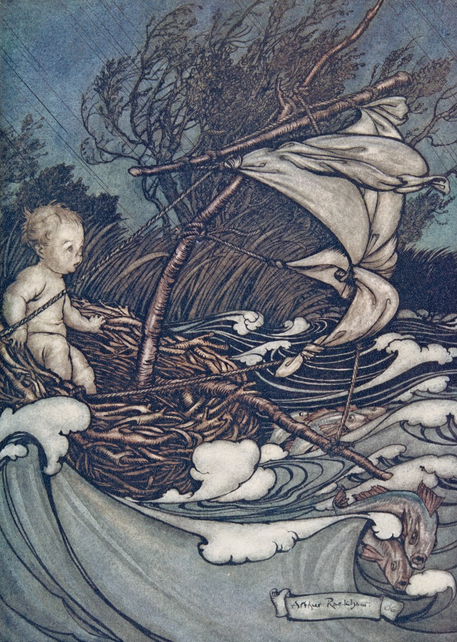 Det steg nu en mäktig storm, och han kastades hit och dit..., från Peter Pan i Kensington Gardens av J M Barrie (1860 - 1937), pub. 1906 av Arthur Rackham