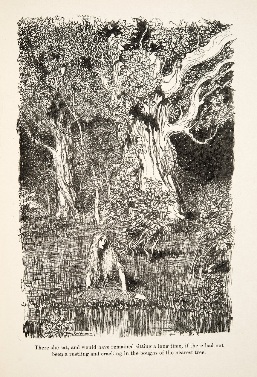 Där satt hon och skulle ha blivit sittande länge, om det inte hade prasslat och knakat i grenarna på närmaste träd, från Lillebror & Lillasyster och andra sagor av bröderna Grimm, utg.1917 (litho) av Arthur Rackham