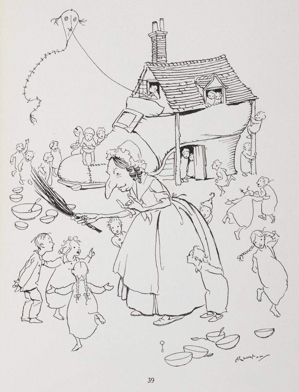 Det var en gammal dam som bodde i en sko. Kvinna med skohus och massor av barn. av Arthur Rackham