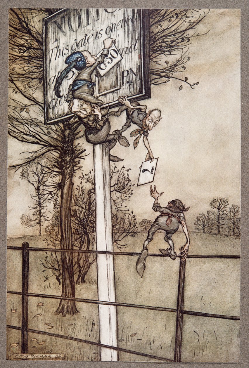 Dessa knepiga älvor byter ibland listigt bräde på en balkväll ..., från Peter Pan i Kensington Gardens av J M Barrie (1860 - 1937), pub. 1906 av Arthur Rackham